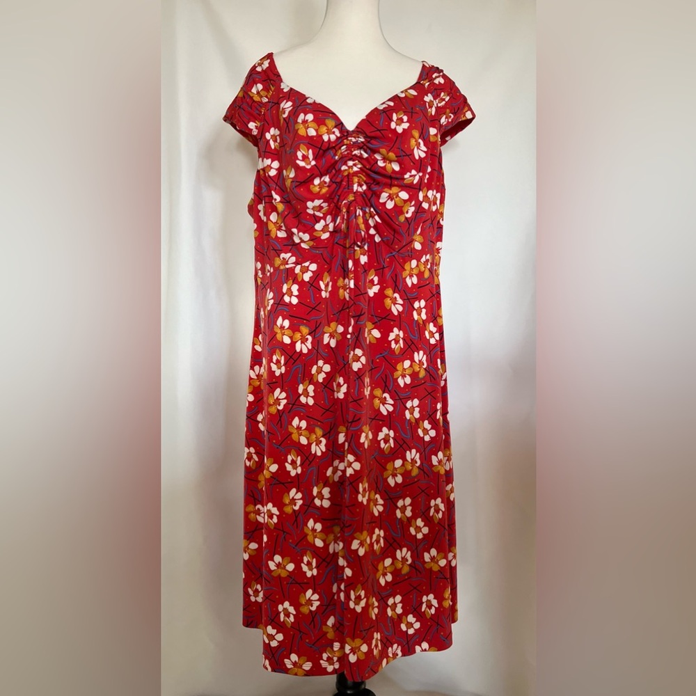 London Times Ruched Front‎ Floral Cap Sleeve Milkmaid Red Midi Dress Size 2X